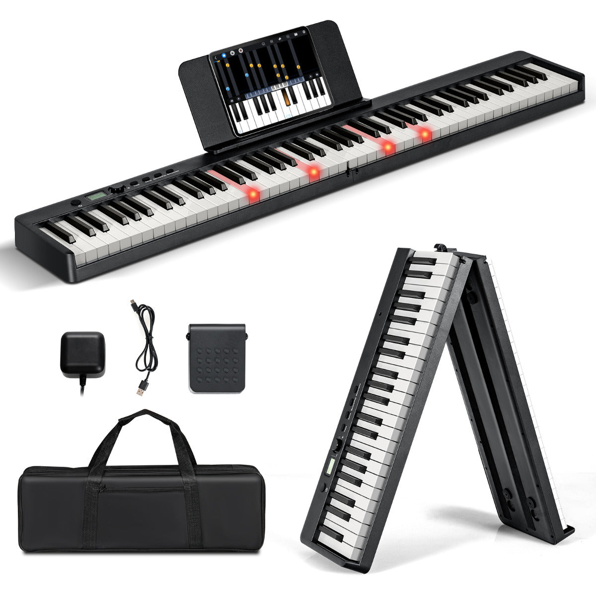 LIVSK Digitale Piano met Toetsenbord - 128 Tonen, 128 Ritmes, 20 Demo's - Inklapbaar met Draagtas - Leerfuncties - Zwart