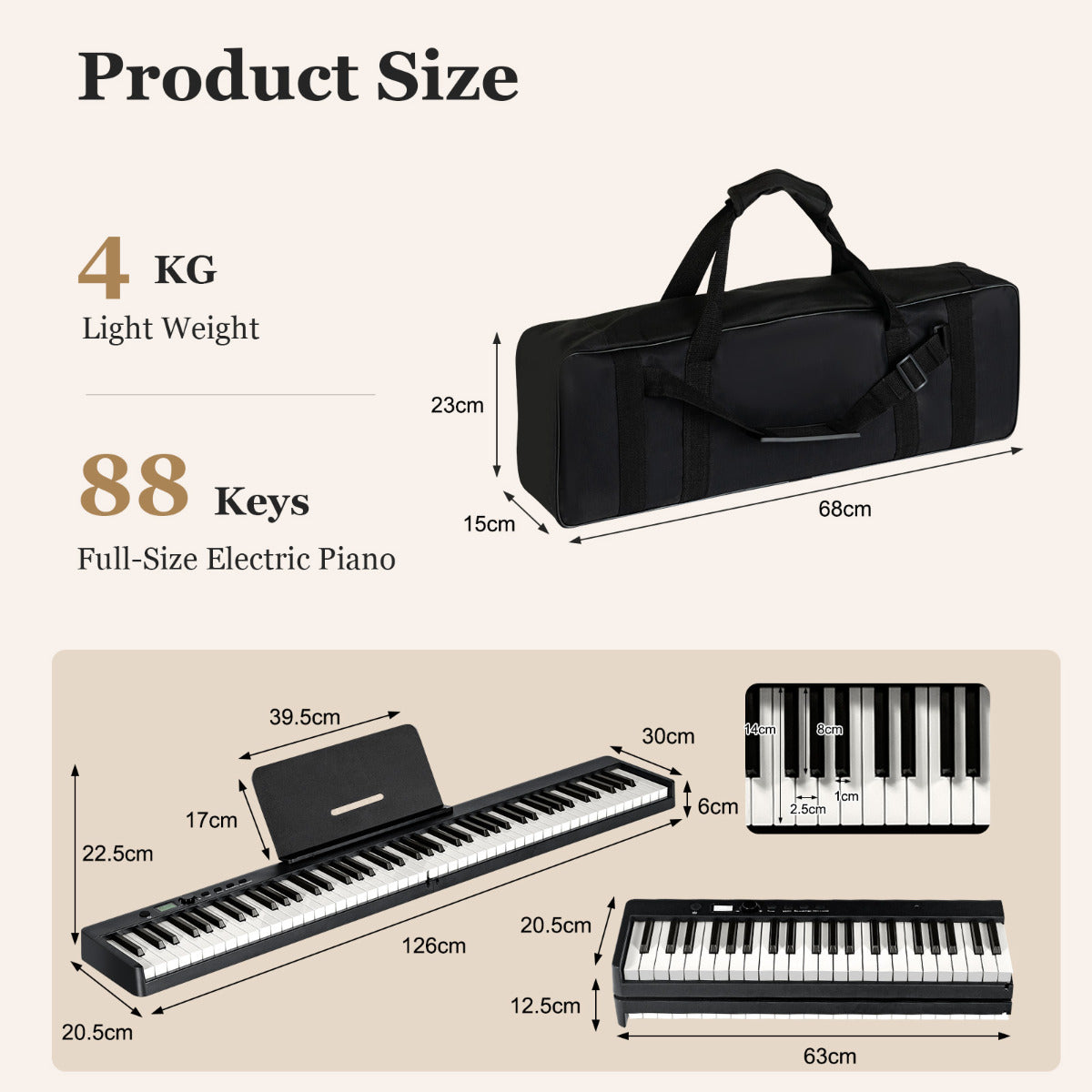LIVSK Digitale Piano met Toetsenbord - 128 Tonen, 128 Ritmes, 20 Demo's - Inklapbaar met Draagtas - Leerfuncties - Zwart