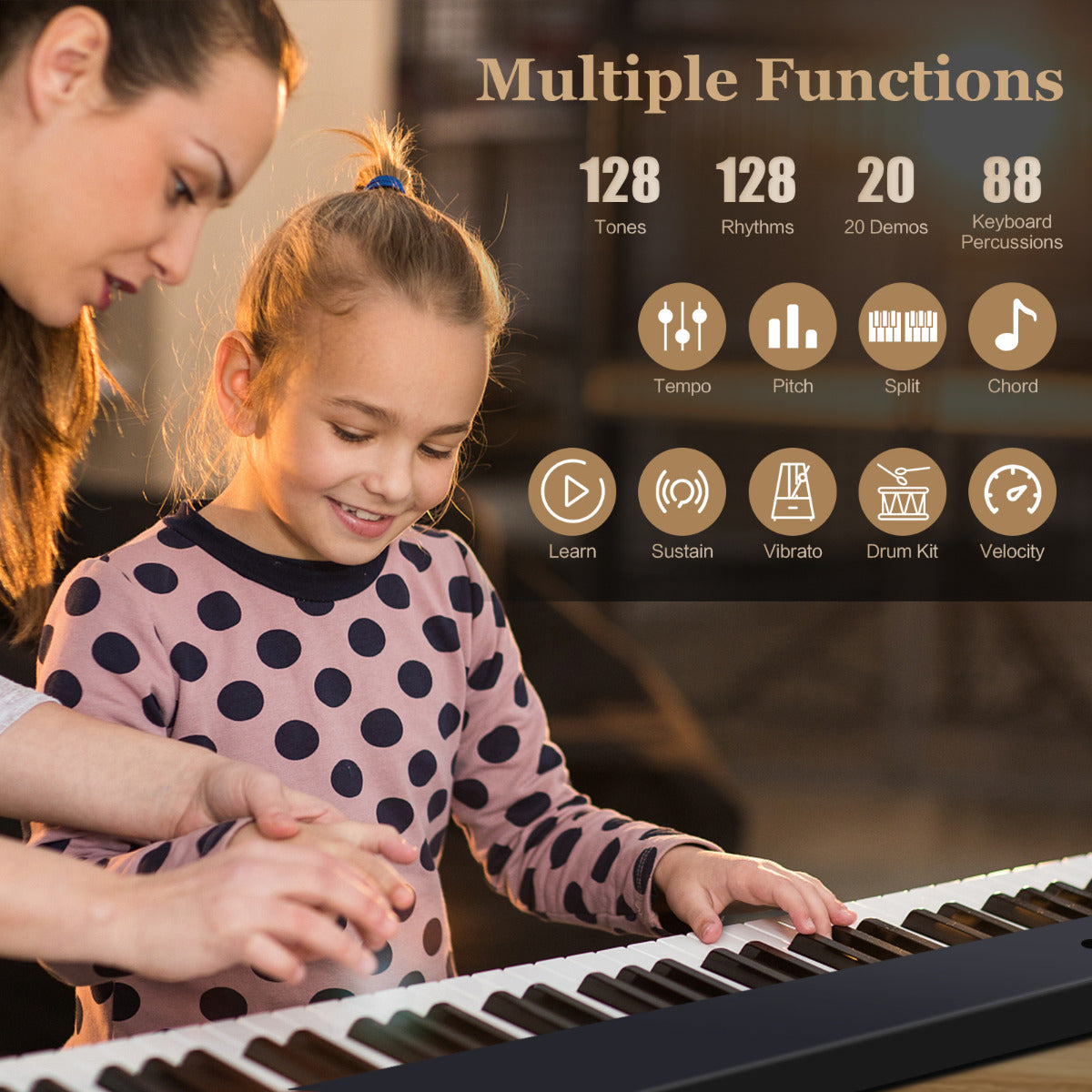 LIVSK Digitale Piano met Toetsenbord - 128 Tonen, 128 Ritmes, 20 Demo's - Inklapbaar met Draagtas - Leerfuncties - Zwart