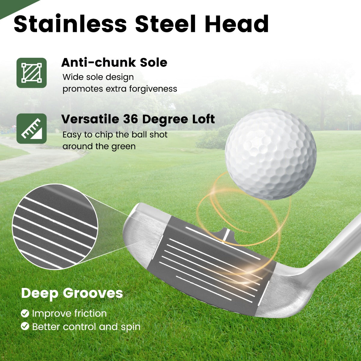 LIVSK Golfchipper voor Rechtshandigen - Roestvrijstalen Kop - Antislip Handgreep - 72° Lichthoek - Verbeter je Korte Spel - Zilver