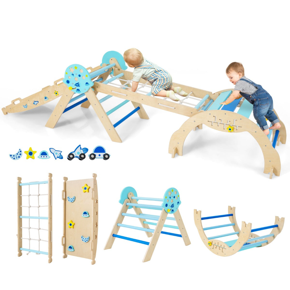 Livsk costway 9 in 1 montessori klimrek set driehoekig houten klimrek voor binnen blauw