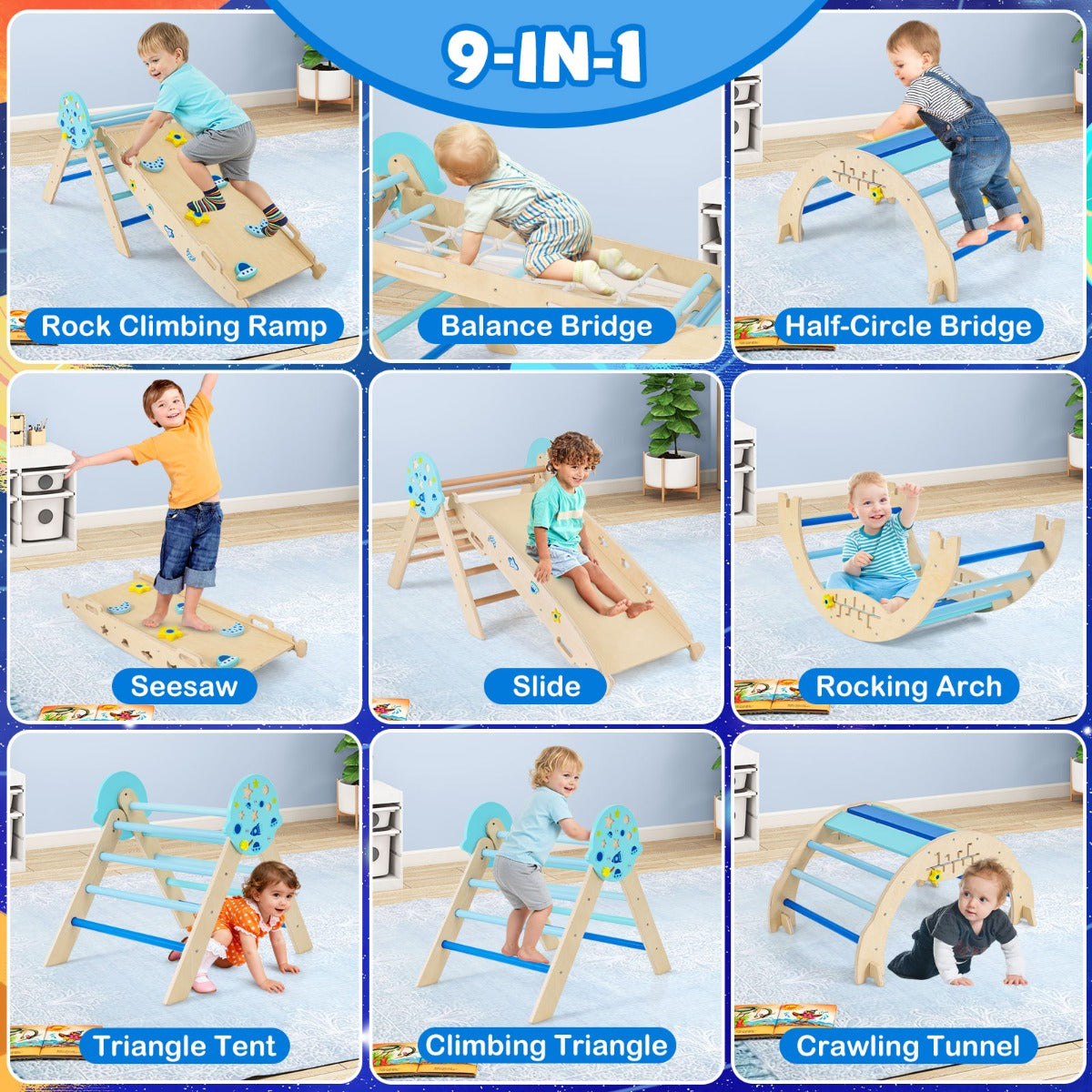 Livsk costway 9 in 1 montessori klimrek set driehoekig houten klimrek voor binnen blauw 2