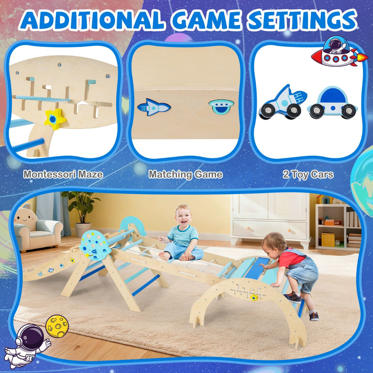 Livsk costway 9 in 1 montessori klimrek set driehoekig houten klimrek voor binnen blauw 3