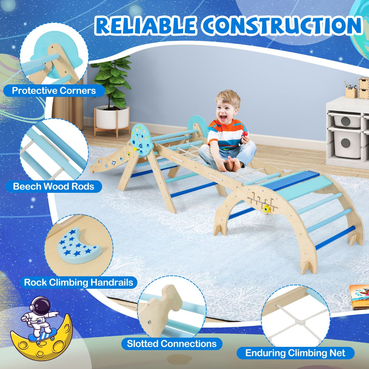 Livsk costway 9 in 1 montessori klimrek set driehoekig houten klimrek voor binnen blauw 6