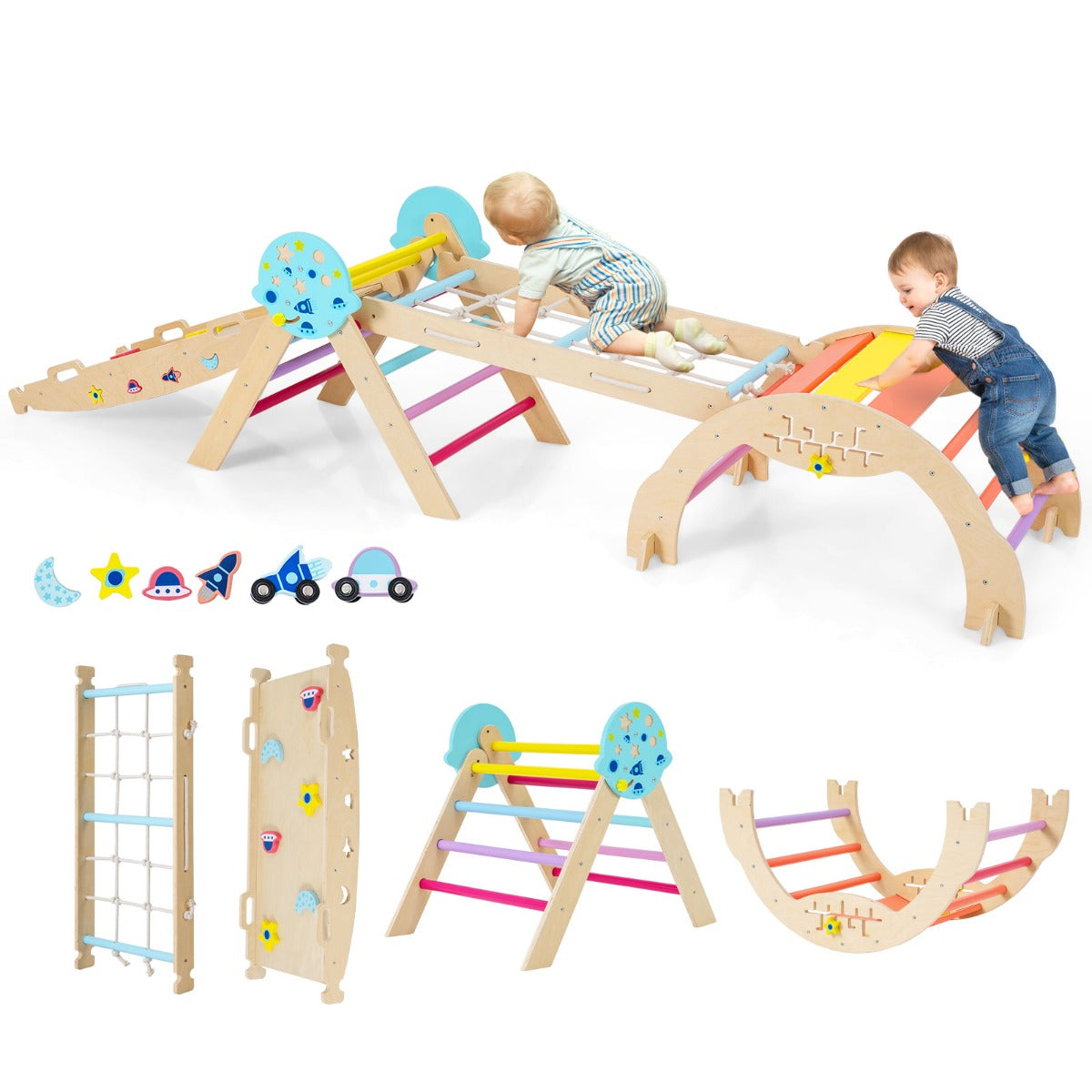 Livsk costway 9 in 1 montessori klimrek set driehoekig houten klimrek voor binnen multicolor