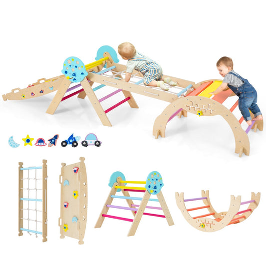 Livsk costway 9 in 1 montessori klimrek set driehoekig houten klimrek voor binnen multicolor
