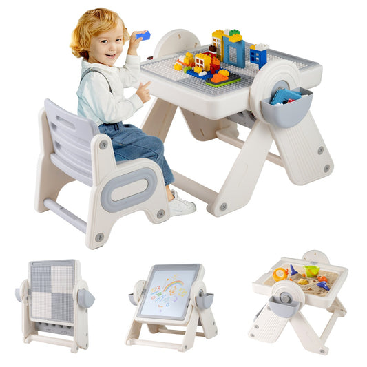 Livsk costway 9 in 1 multifunctionele kinderbureau en stoelset met opvouwbaar kinderbureau en omkeerbaar tafelblad grijs