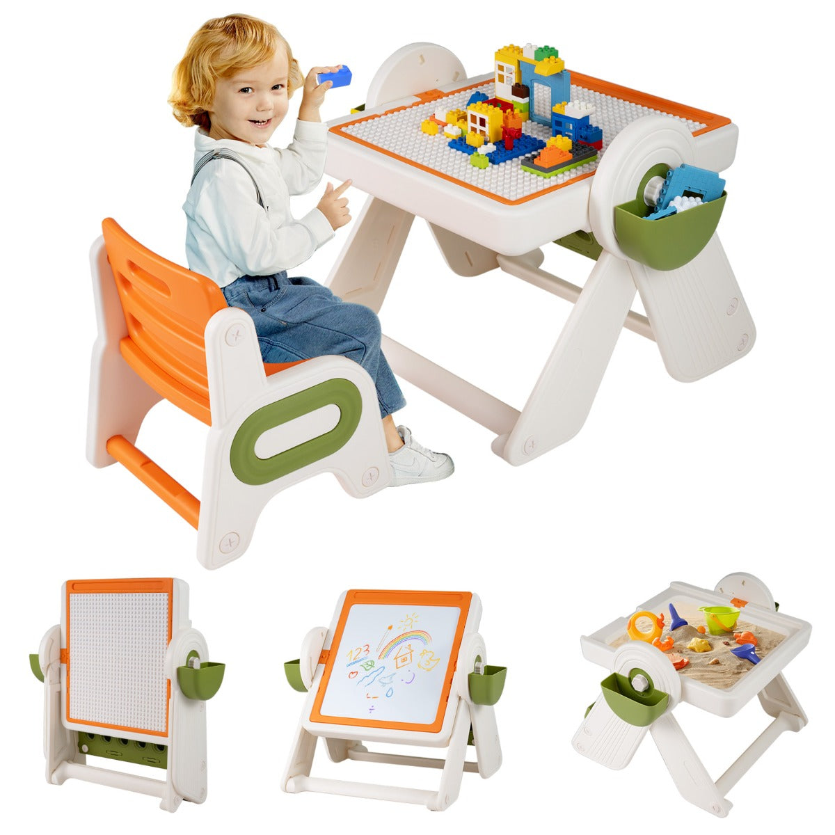 Livsk costway 9 in 1 multifunctionele kinderbureau en stoelset met opvouwbaar kinderbureau en omkeerbaar tafelblad oranje