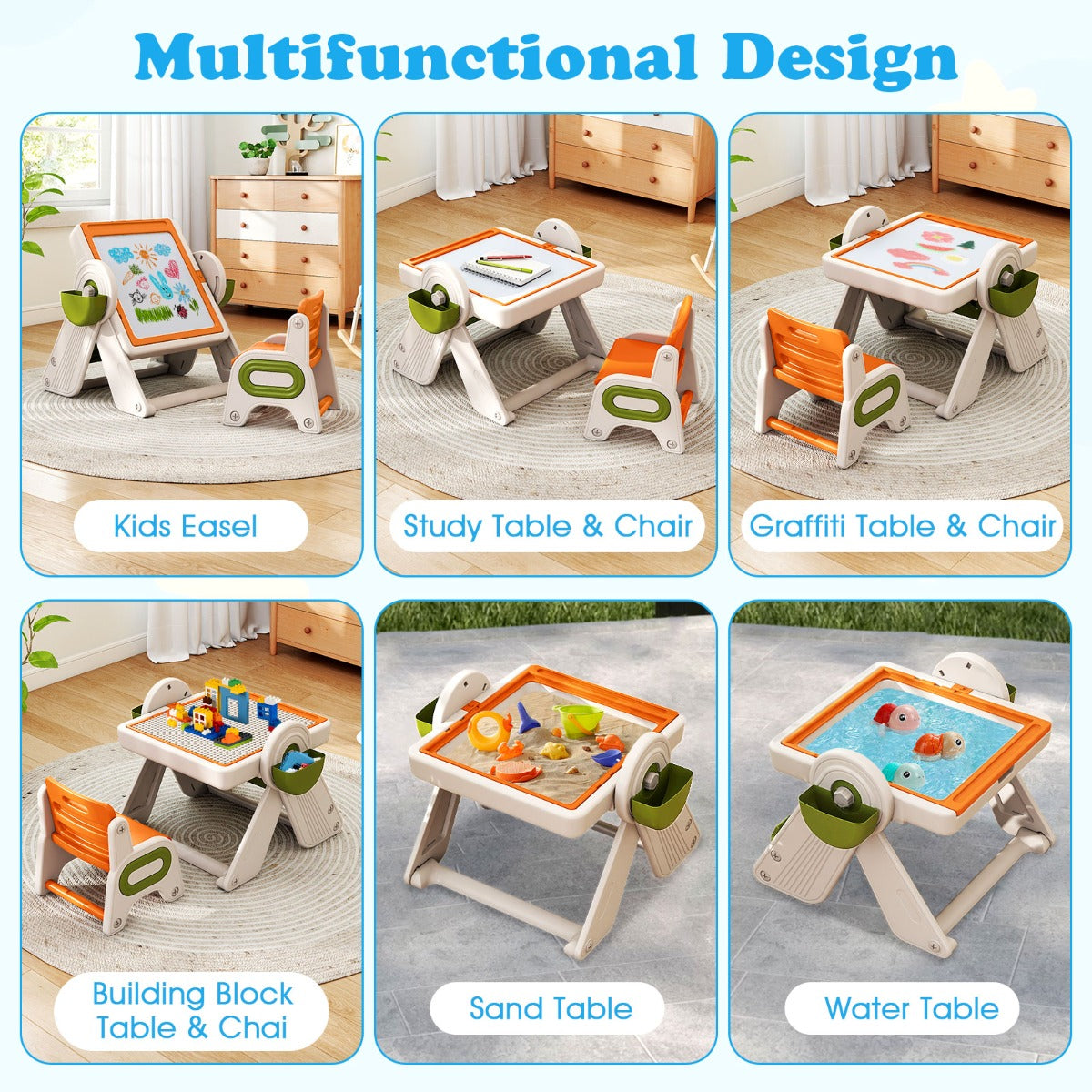 Livsk costway 9 in 1 multifunctionele kinderbureau en stoelset met opvouwbaar kinderbureau en omkeerbaar tafelblad oranje 4
