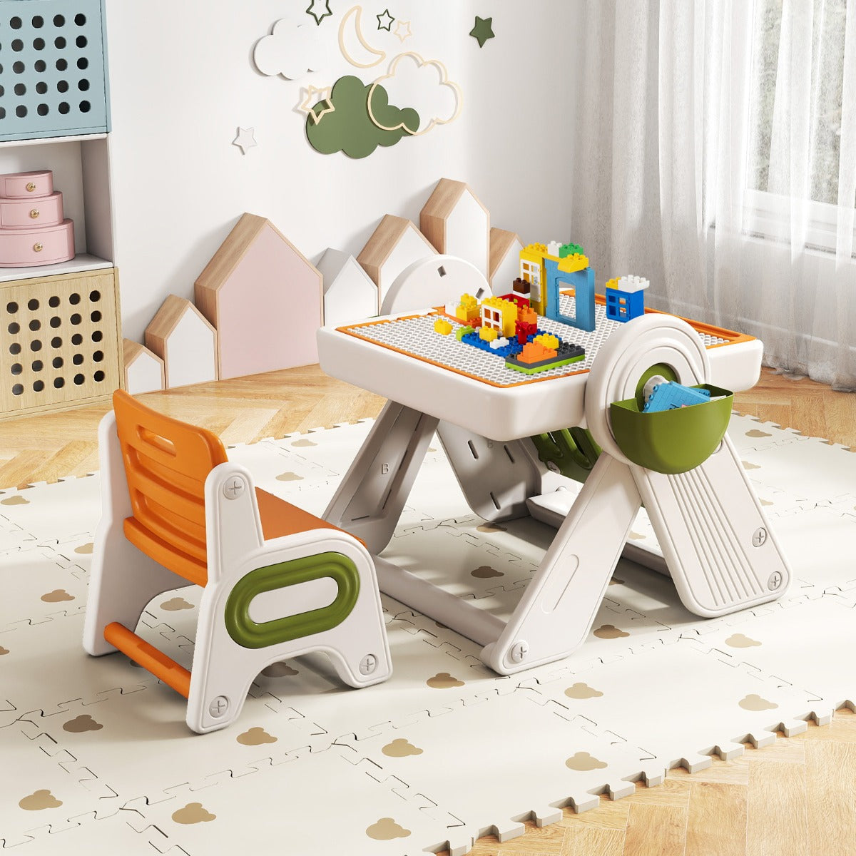 Livsk costway 9 in 1 multifunctionele kinderbureau en stoelset met opvouwbaar kinderbureau en omkeerbaar tafelblad oranje 5
