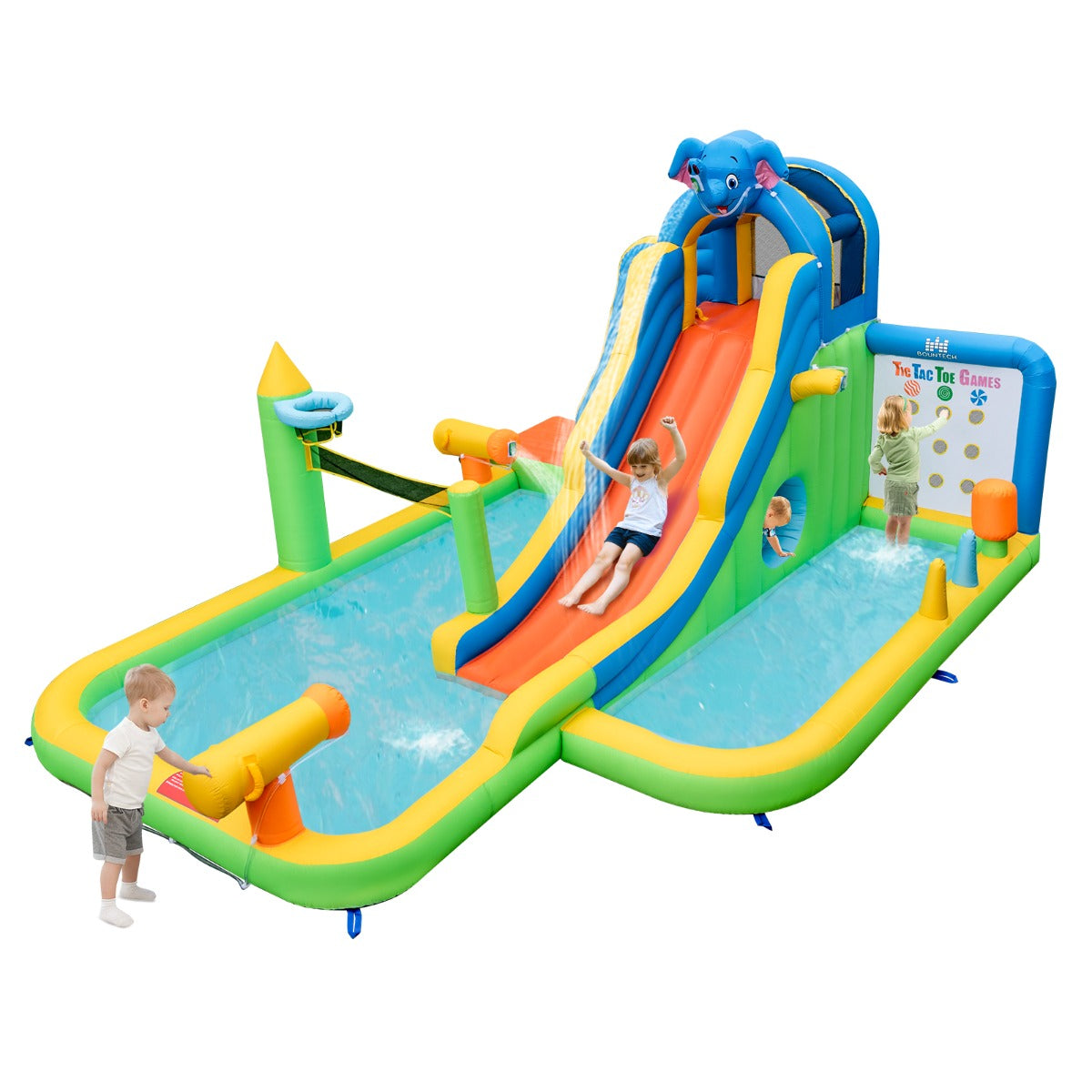 Livsk costway 9 in 1 springkasteel in de vorm van een olifant met glijbaan klimwand ballenbad opblaasbaar waterpark voor kinderen binnen buiten
