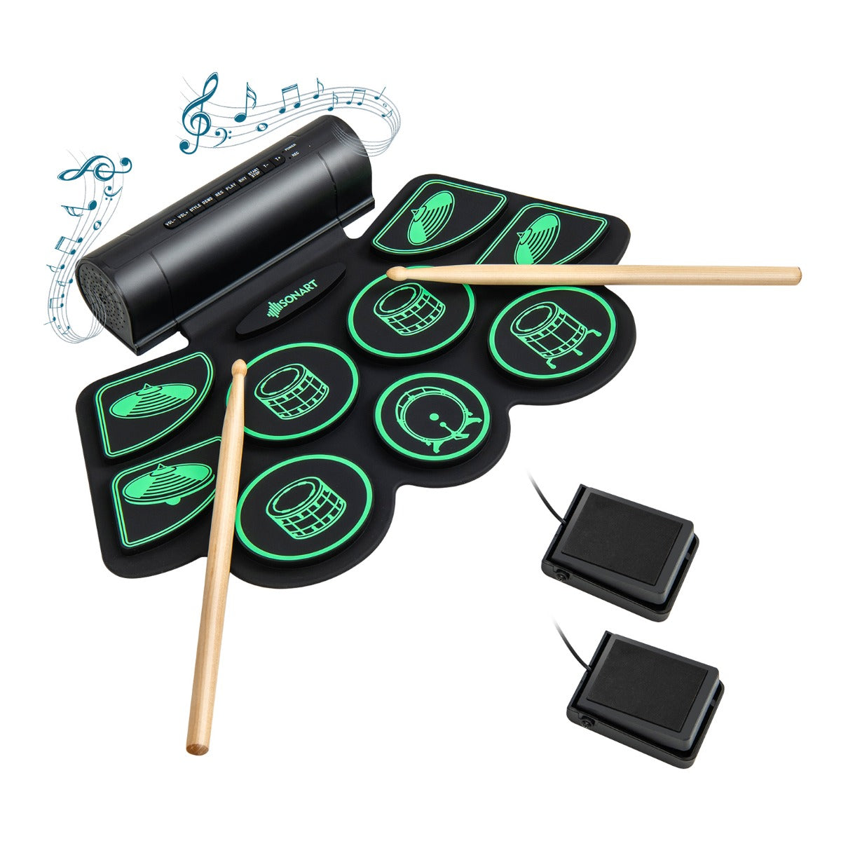 LIVSK Elektronische Drumset voor Beginners - 9 Pads - 9 Begeleidingen - USB & MIDI - Lichtgewicht - Zwart + Groen