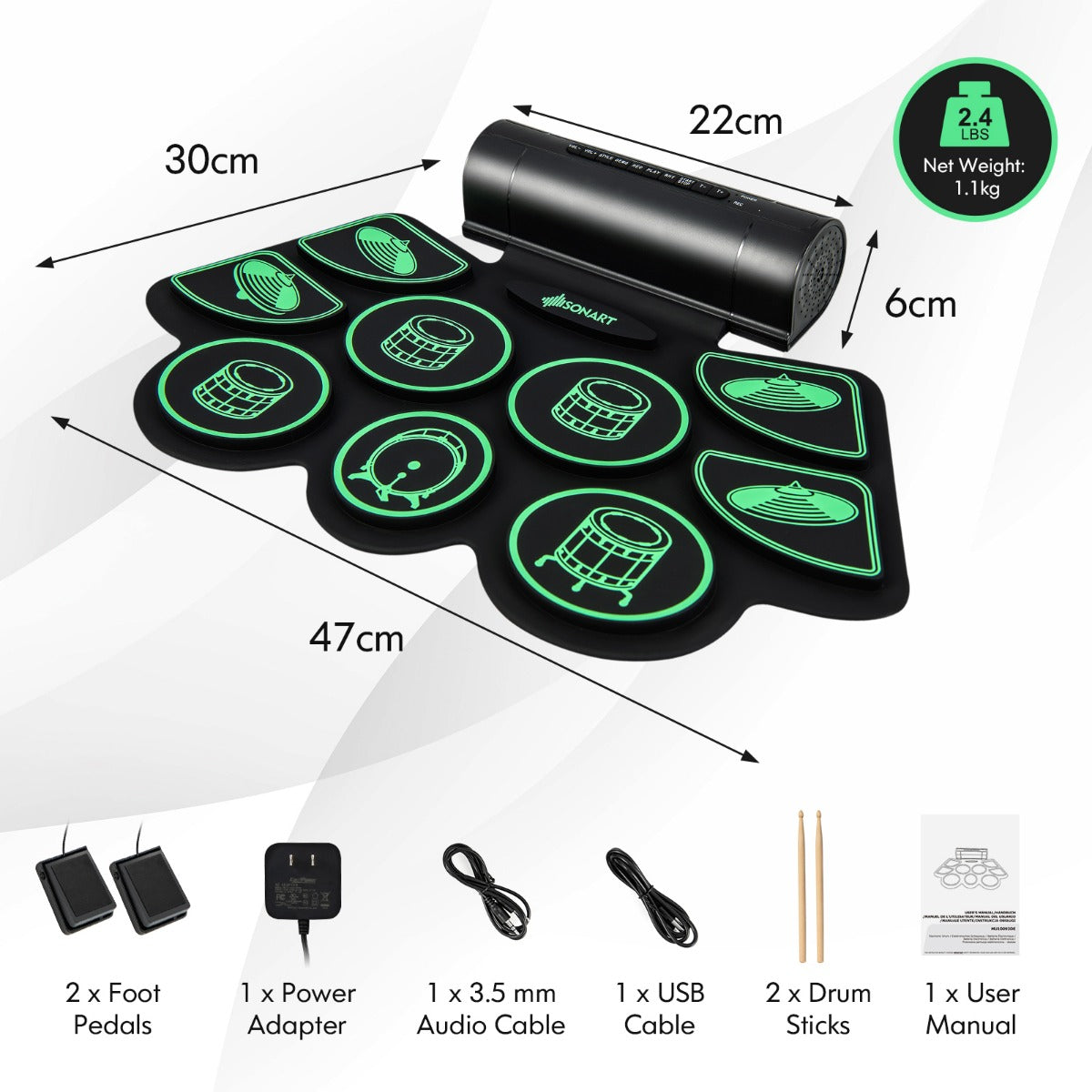 LIVSK Elektronische Drumset voor Beginners - 9 Pads - 9 Begeleidingen - USB & MIDI - Lichtgewicht - Zwart + Groen