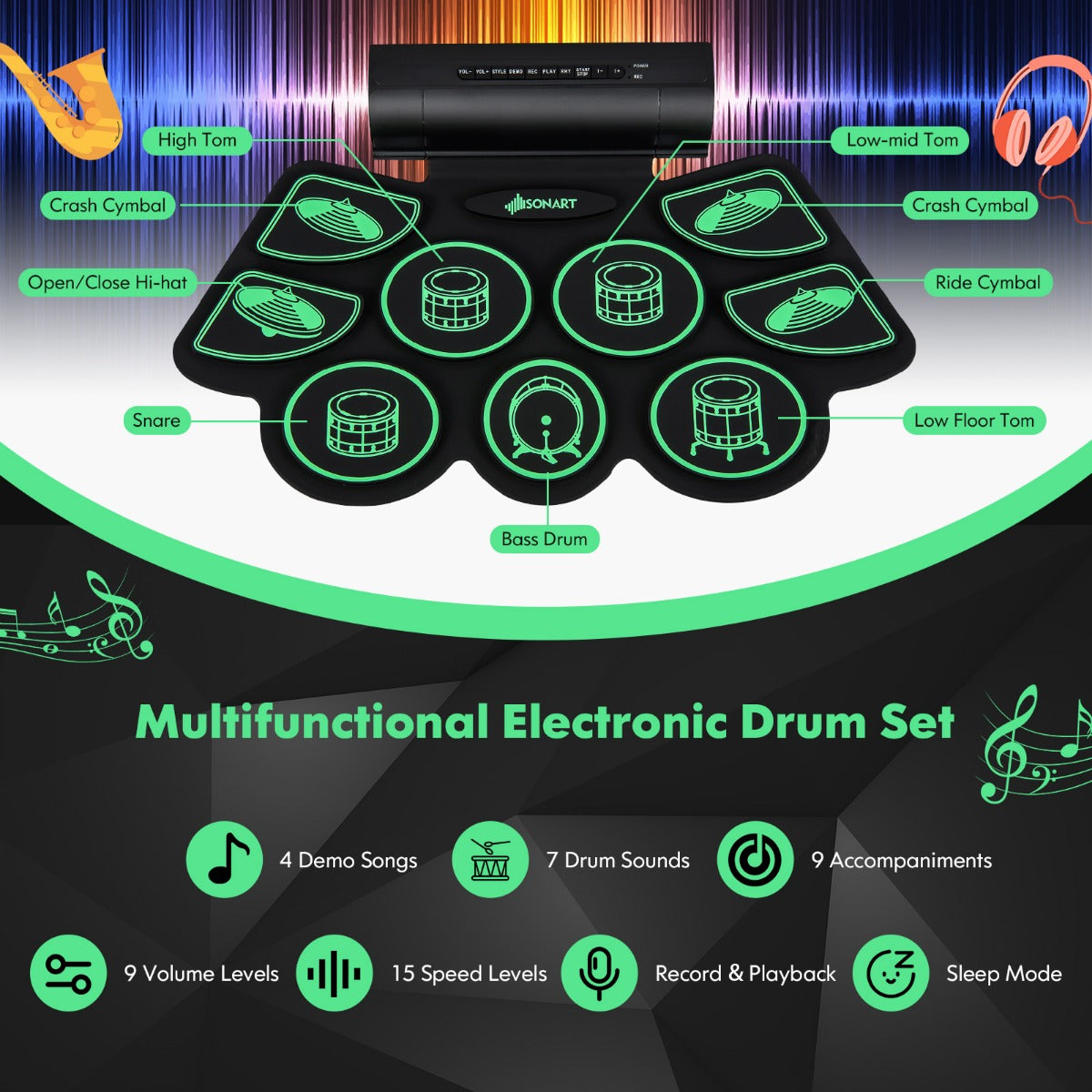 LIVSK Elektronische Drumset voor Beginners - 9 Pads - 9 Begeleidingen - USB & MIDI - Lichtgewicht - Zwart + Groen
