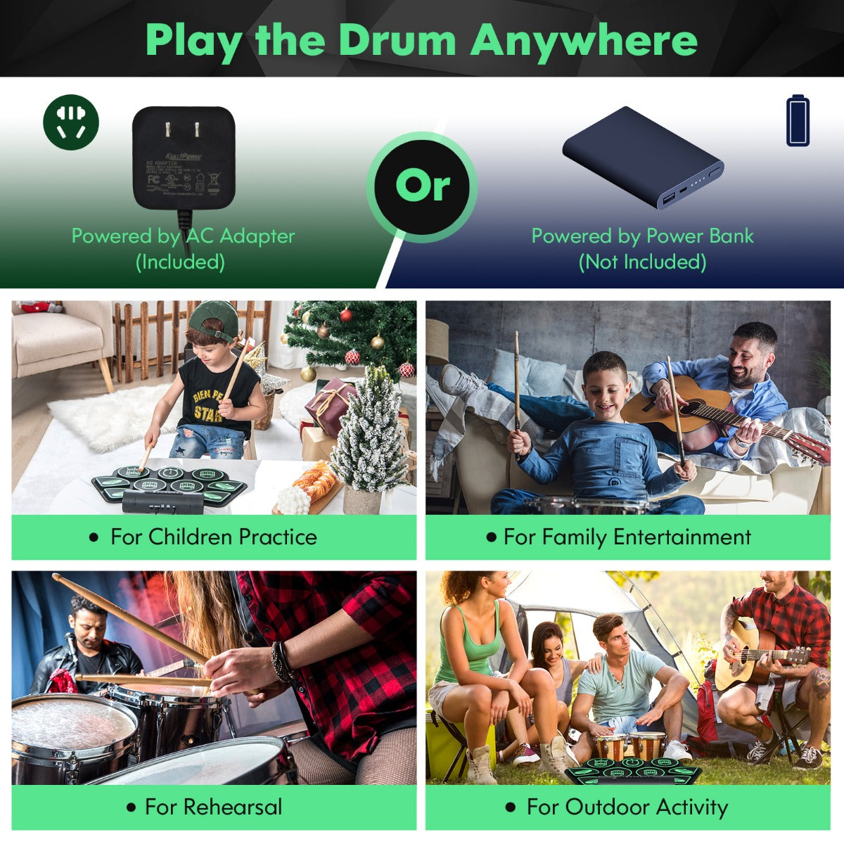 LIVSK Elektronische Drumset voor Beginners - 9 Pads - 9 Begeleidingen - USB & MIDI - Lichtgewicht - Zwart + Groen