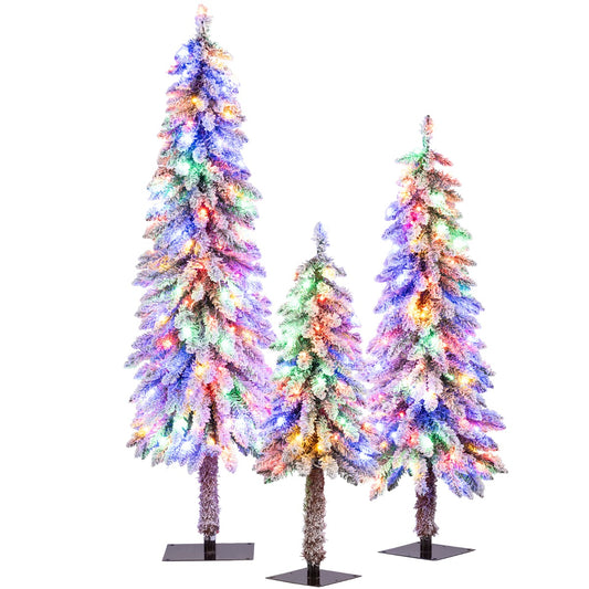 Livsk costway 90 120 150 cm set van 3 kunstmatige kerstbomen met verlichting en sneeuw kerstboom