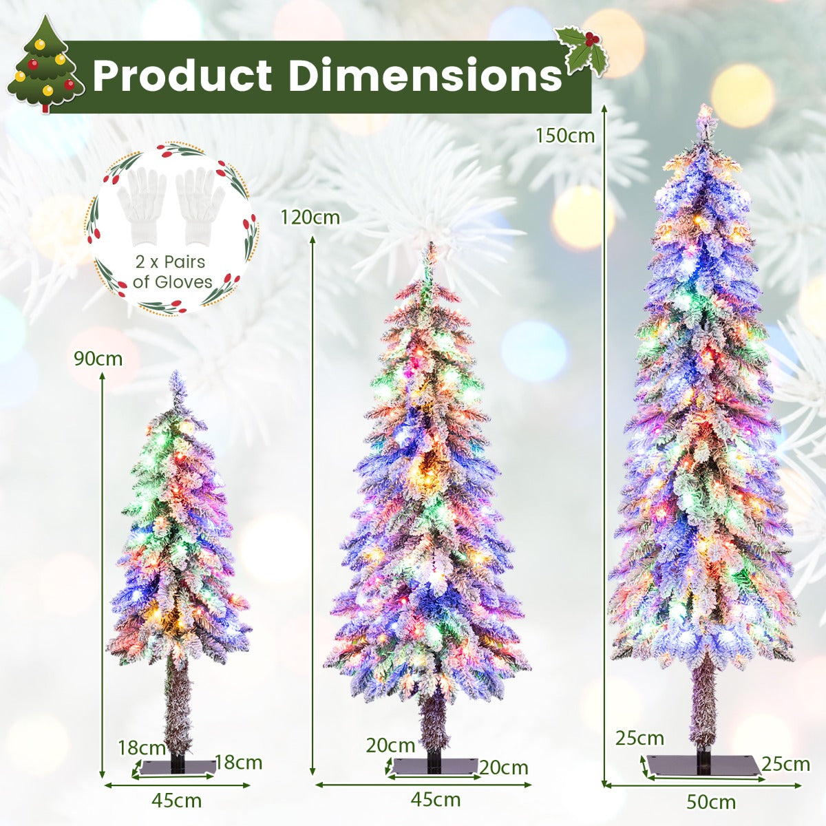 Livsk costway 90 120 150 cm set van 3 kunstmatige kerstbomen met verlichting en sneeuw kerstboom 2