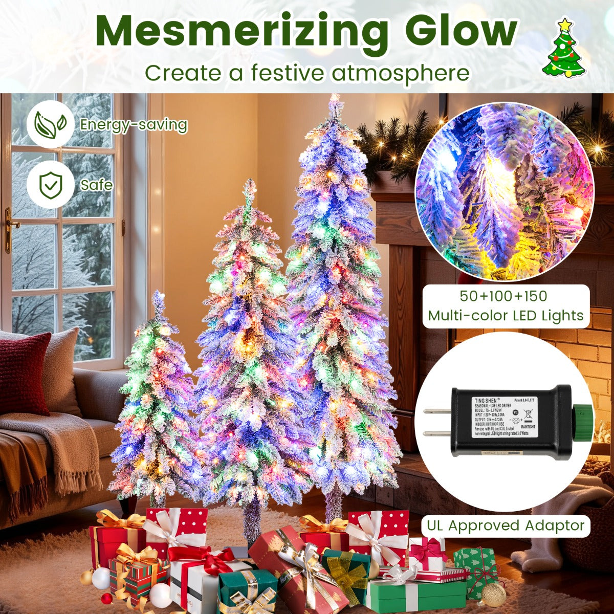 Livsk costway 90 120 150 cm set van 3 kunstmatige kerstbomen met verlichting en sneeuw kerstboom 4