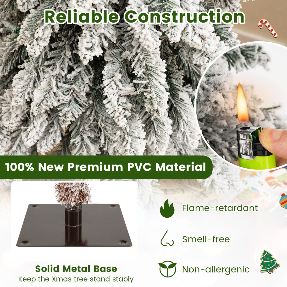 Livsk costway 90 120 150 cm set van 3 kunstmatige kerstbomen met verlichting en sneeuw kerstboom 5