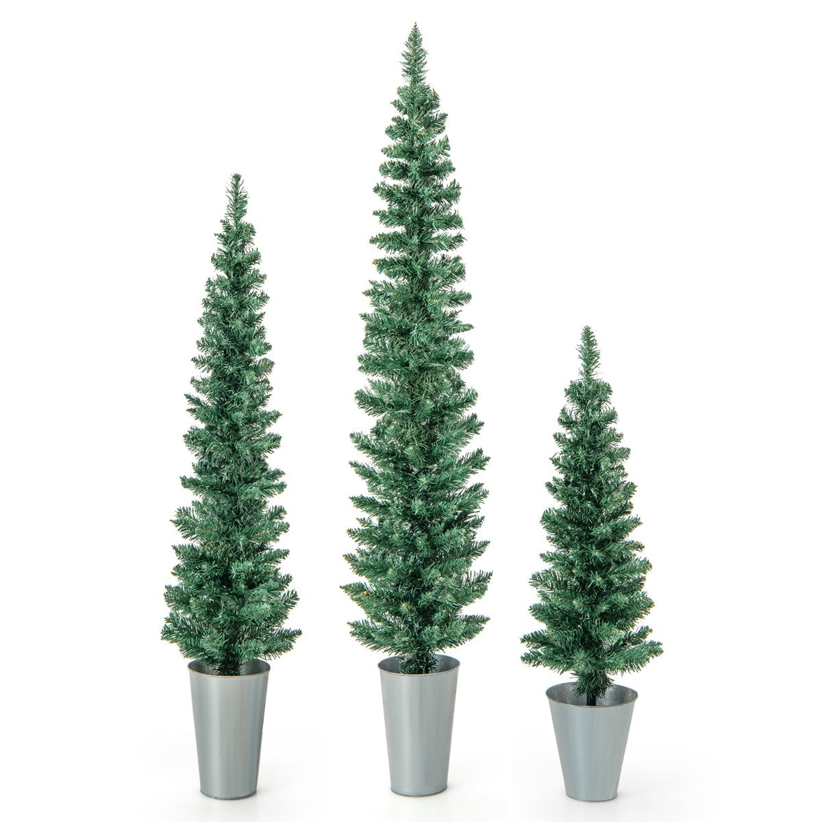 LIVSK Kerstboomset van 3 Potloodbomen - 90, 120, 150 cm - 120 + 140 + 160 Takpunten - Duurzaam PVC - Metalen Voetstukken - Groen