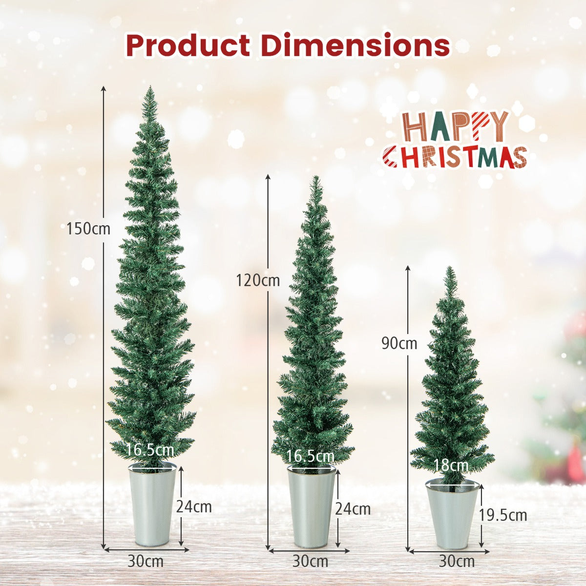 LIVSK Kerstboomset van 3 Potloodbomen - 90, 120, 150 cm - 120 + 140 + 160 Takpunten - Duurzaam PVC - Metalen Voetstukken - Groen