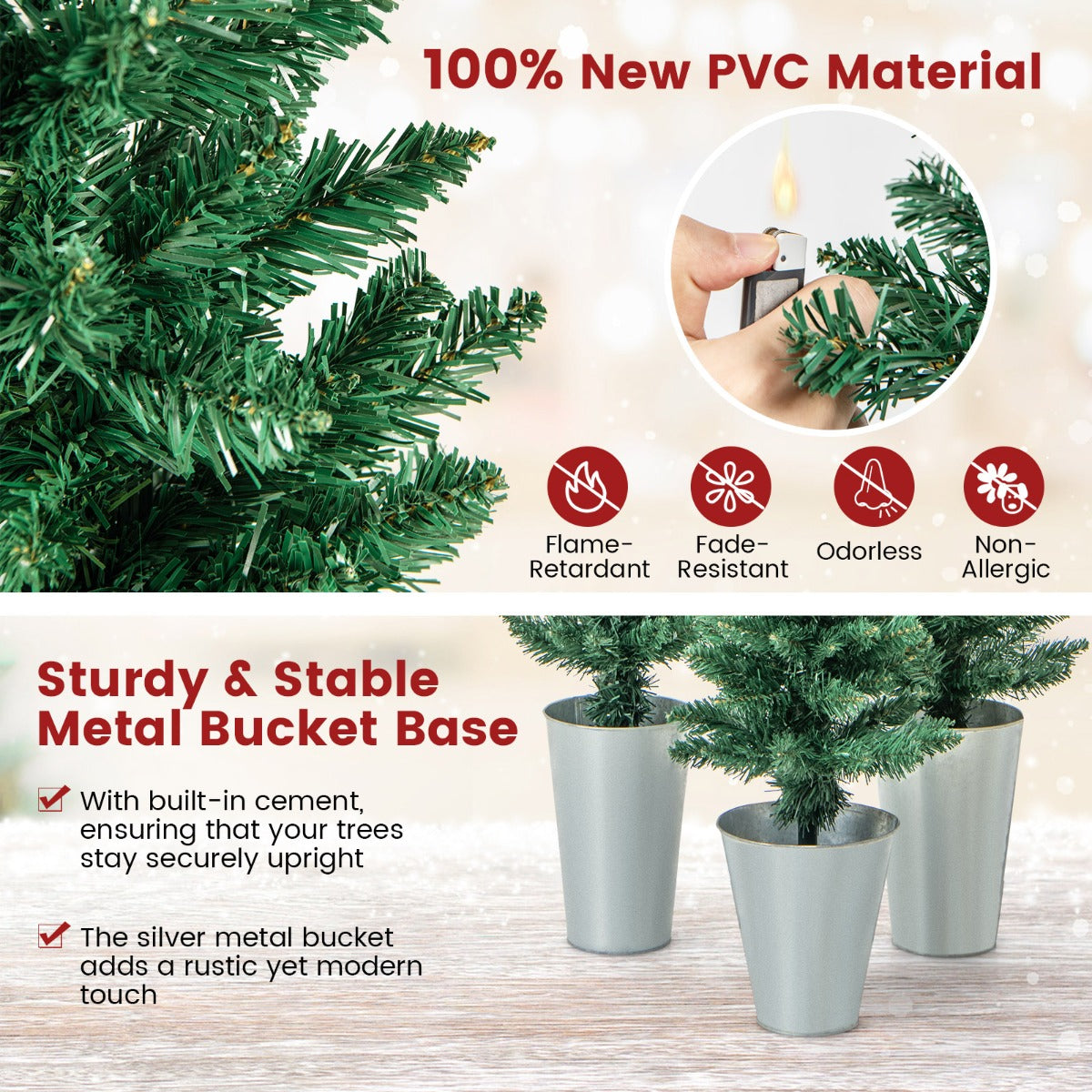 LIVSK Kerstboomset van 3 Potloodbomen - 90, 120, 150 cm - 120 + 140 + 160 Takpunten - Duurzaam PVC - Metalen Voetstukken - Groen