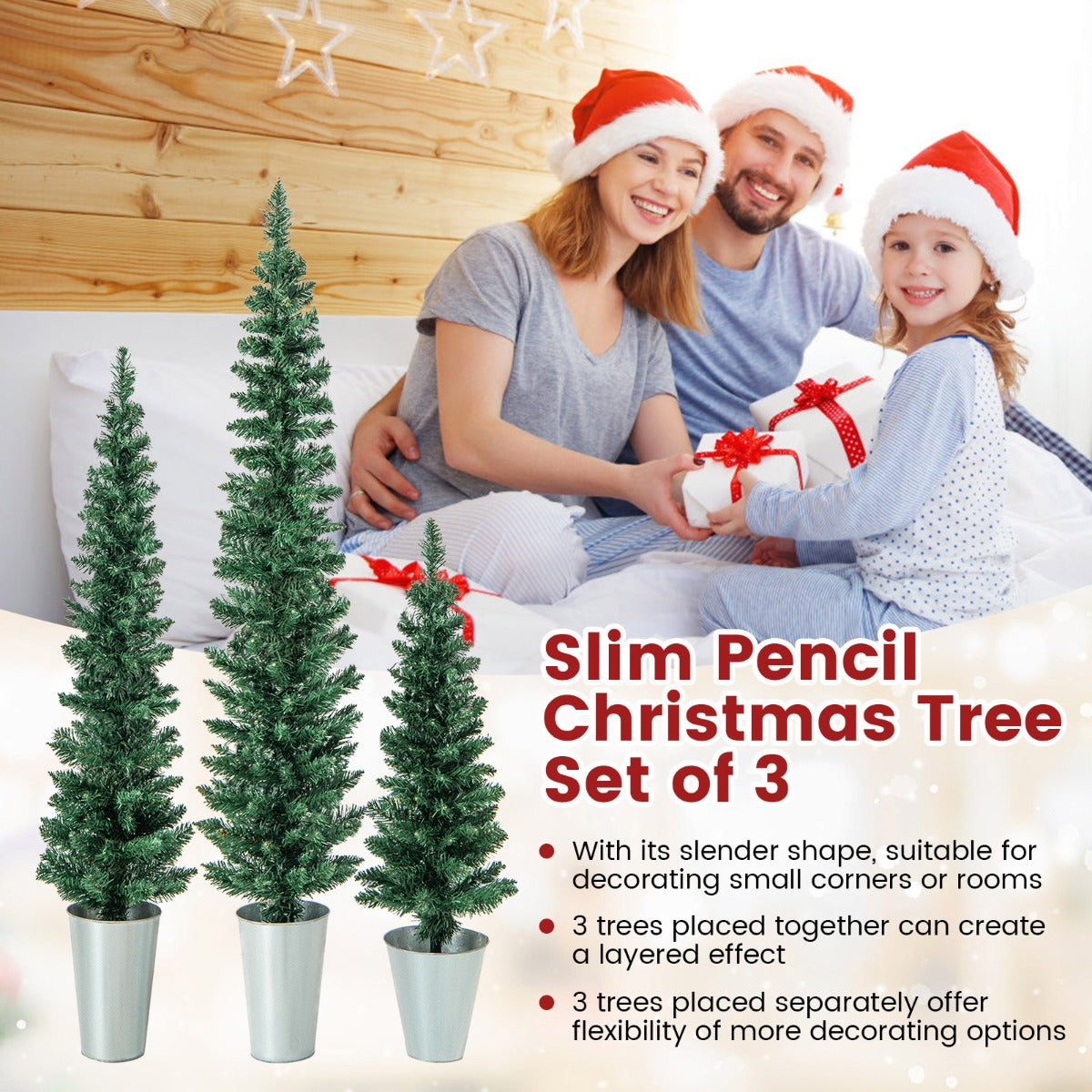 LIVSK Kerstboomset van 3 Potloodbomen - 90, 120, 150 cm - 120 + 140 + 160 Takpunten - Duurzaam PVC - Metalen Voetstukken - Groen
