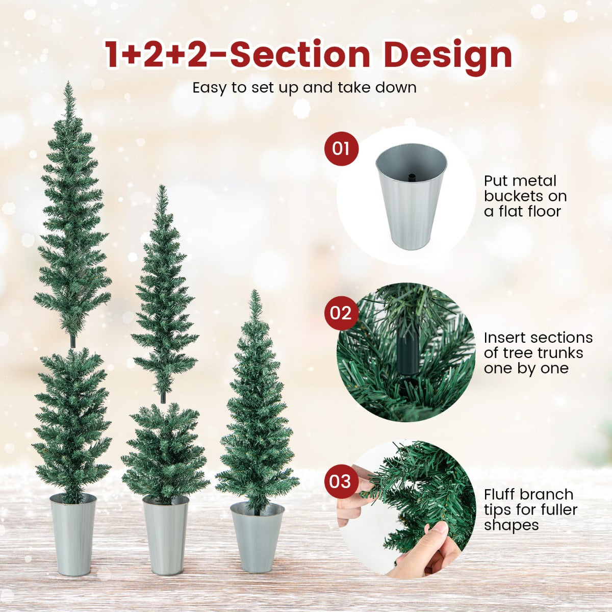 LIVSK Kerstboomset van 3 Potloodbomen - 90, 120, 150 cm - 120 + 140 + 160 Takpunten - Duurzaam PVC - Metalen Voetstukken - Groen