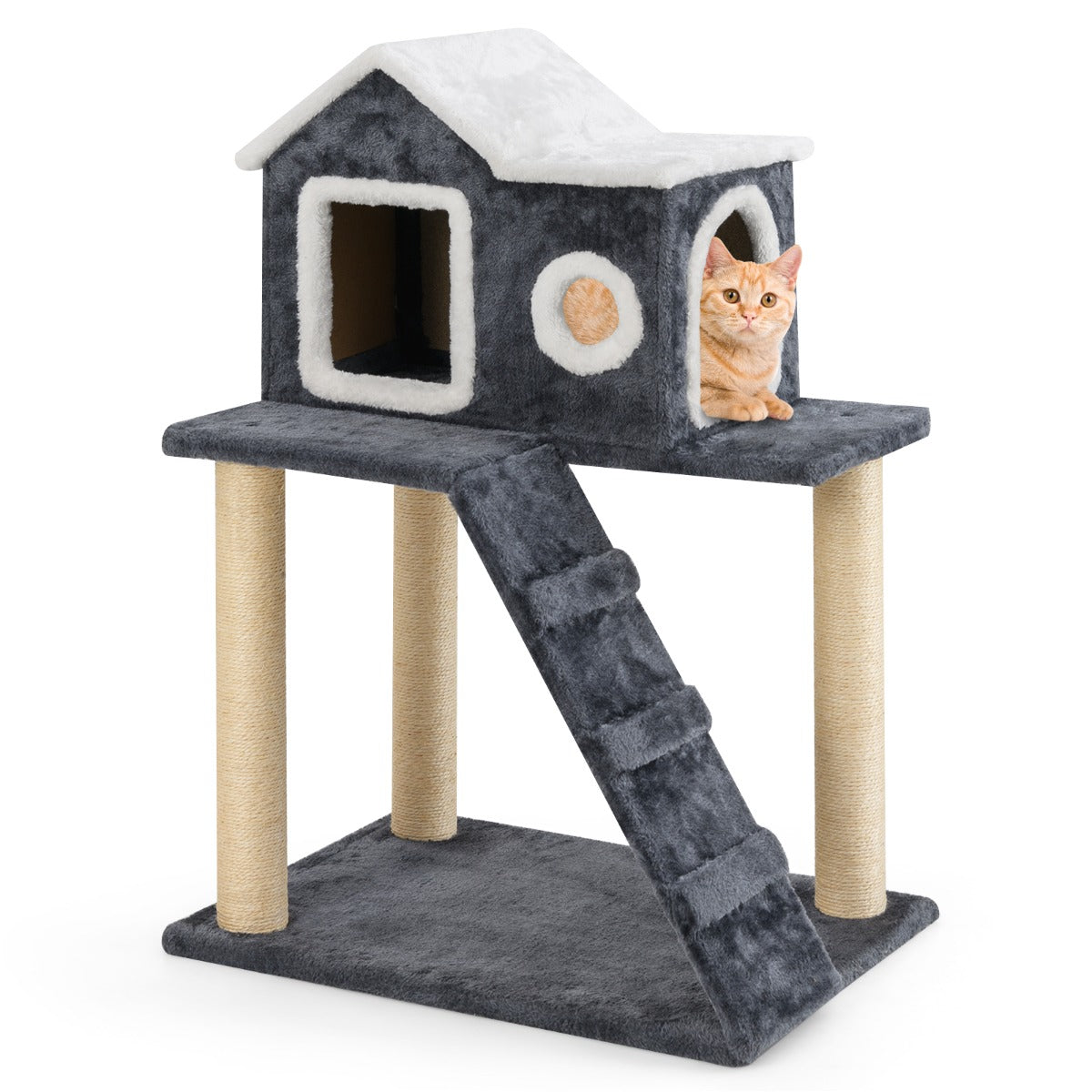 LIVSK Kattenboom - 3-Laagse Speeltoren met Klimladder en Huisje - Sisalpalen voor Krabben - Veilig en Modern - Grijs
