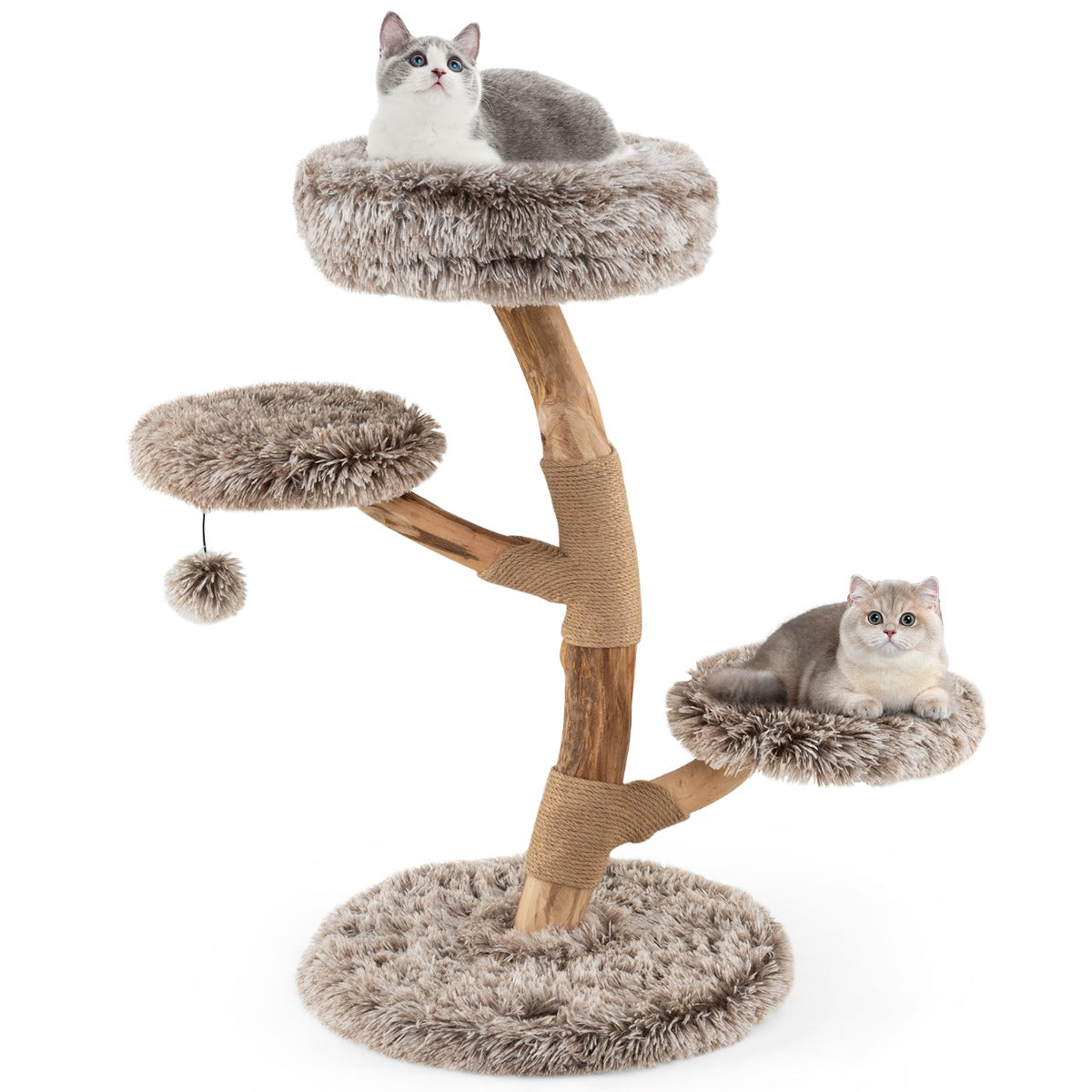 Livsk costway 90 cm krabpaal massief perenhouten kattentoren met zitstok modern kattenactiviteitencentrum met natuurlijke jute krabpalen hangende bal 1 1