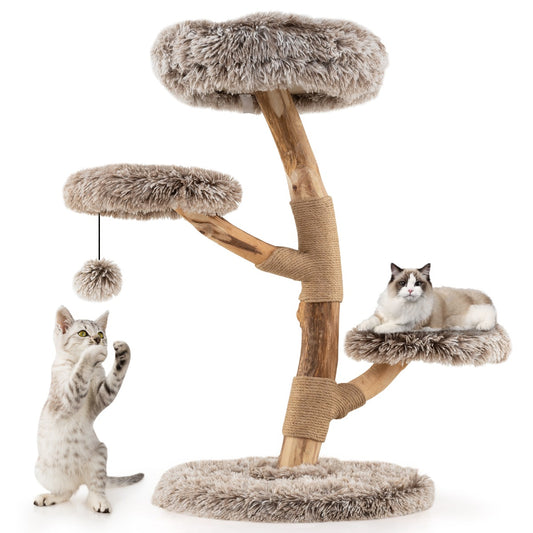 Livsk costway 90 cm krabpaal massief perenhouten kattentoren met zitstok modern kattenactiviteitencentrum met natuurlijke jute krabpalen hangende bal