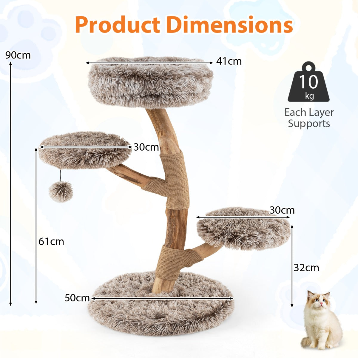 Livsk costway 90 cm krabpaal massief perenhouten kattentoren met zitstok modern kattenactiviteitencentrum met natuurlijke jute krabpalen hangende bal 2