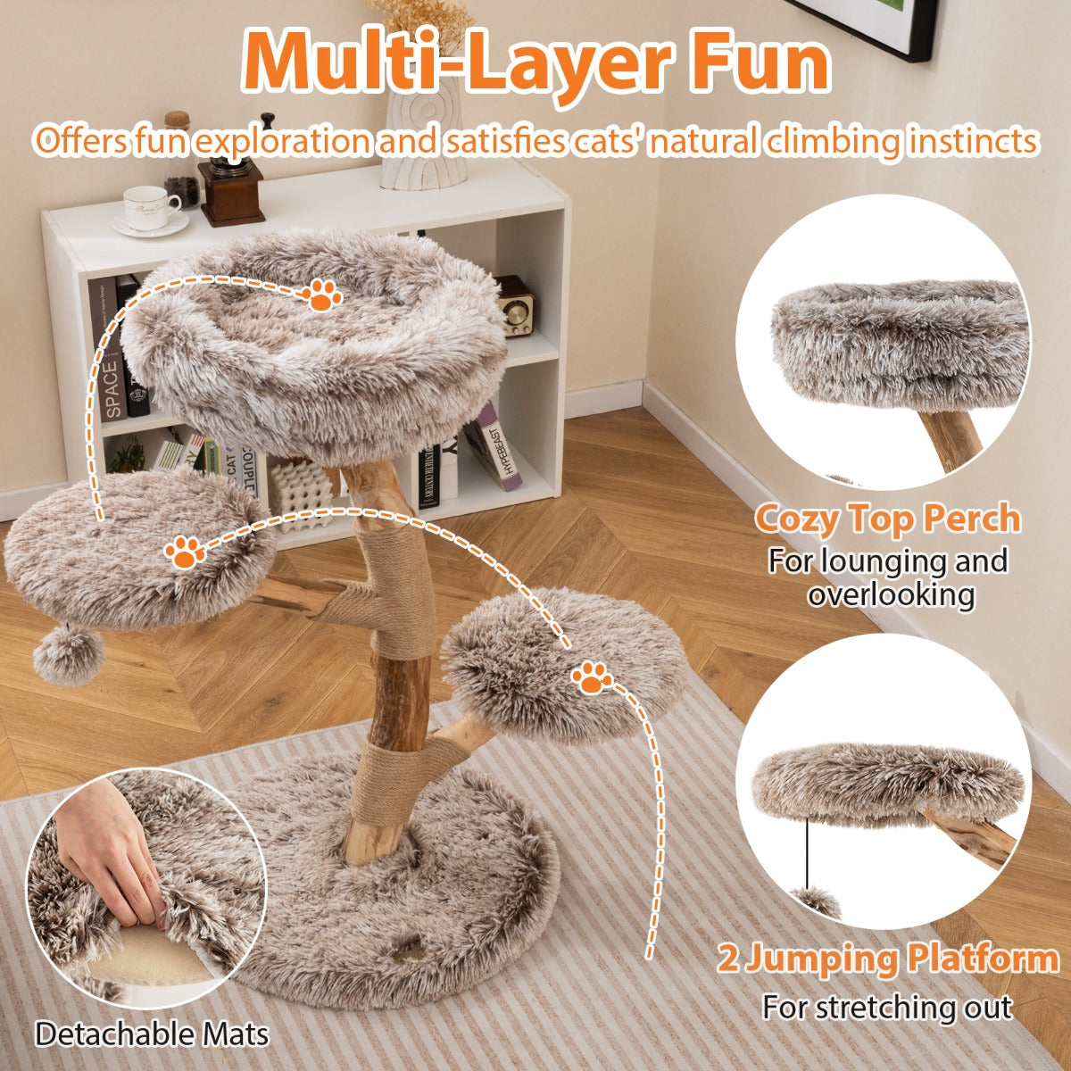 Livsk costway 90 cm krabpaal massief perenhouten kattentoren met zitstok modern kattenactiviteitencentrum met natuurlijke jute krabpalen hangende bal 5