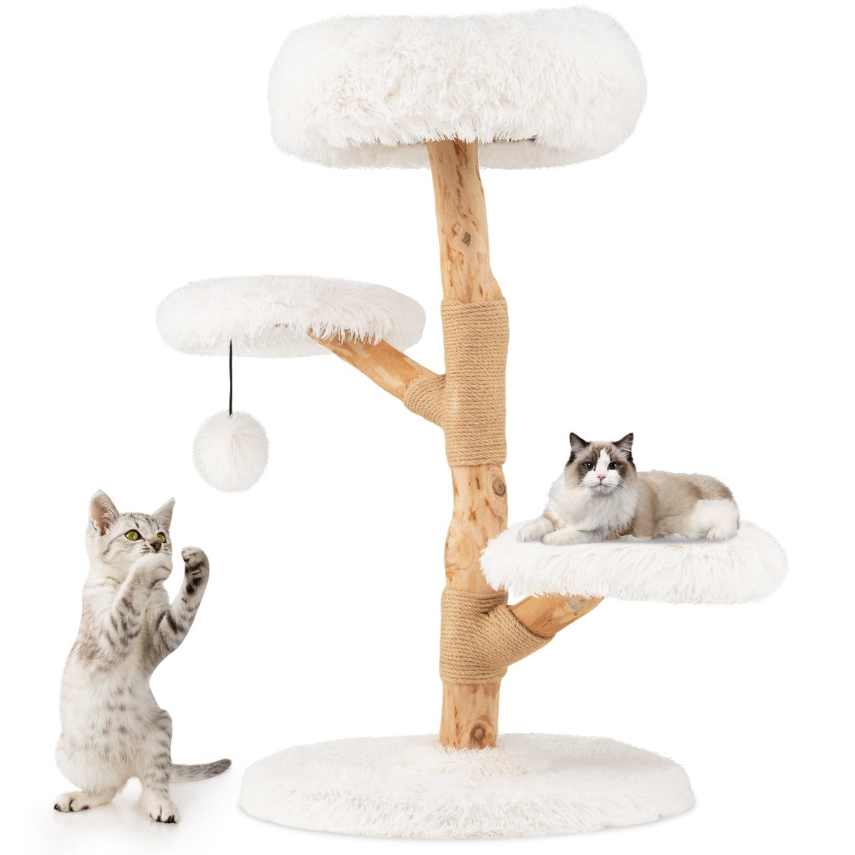 Livsk costway 90 cm krabpaal massief perenhouten kattentoren met zitstok modern kattenactiviteitencentrum met natuurlijke jute krabpalen hangende bal wit 2