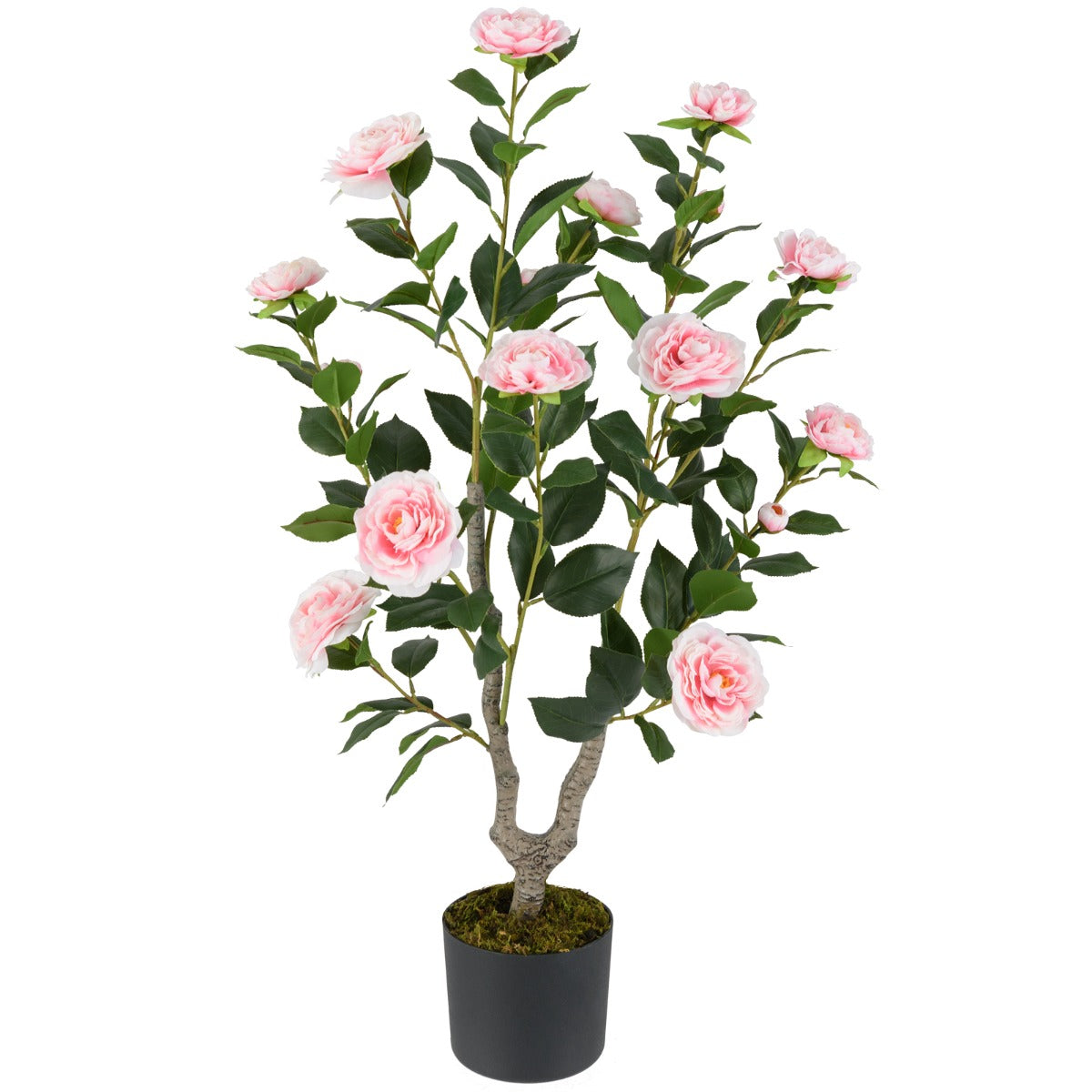 LIVSK Kunstmatige Cameliaboom 90 cm - 16 Bloemen en 116 Bladeren - Onderhoudsvrij - Stabiele Cementpot - Roze