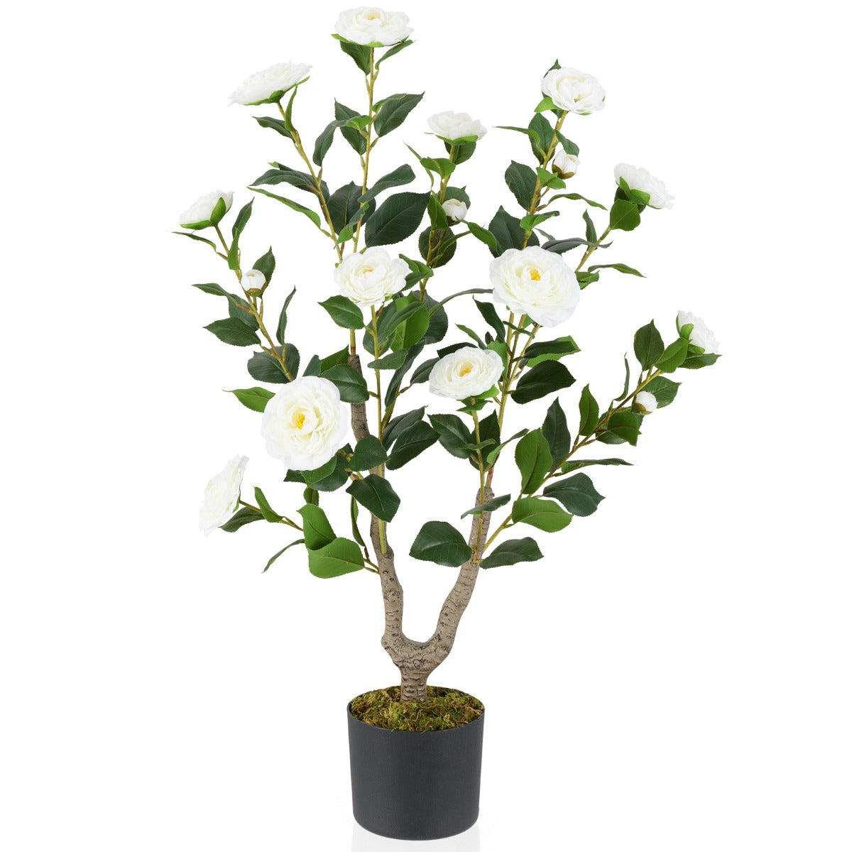 LIVSK Kunstcameliaboom - 90 cm - Realistische Bloemen en Bladeren - Onderhoudsvrij - Stabiele Cementpot - Roze / Wit + Groen