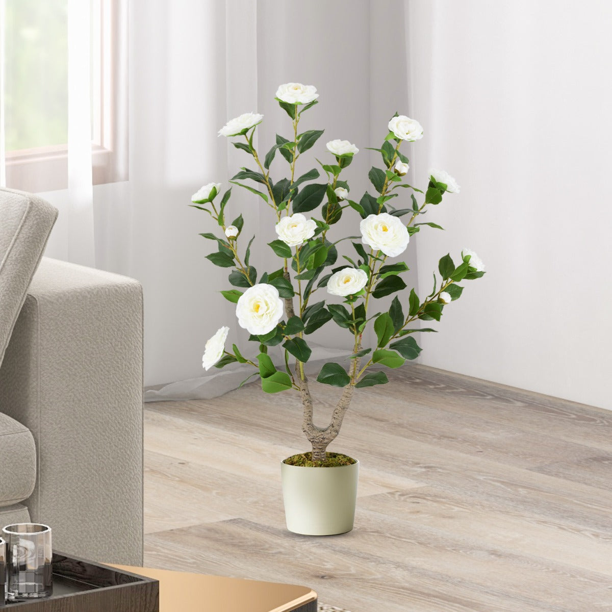 LIVSK Kunstcameliaboom - 90 cm - Realistische Bloemen en Bladeren - Onderhoudsvrij - Stabiele Cementpot - Roze / Wit + Groen