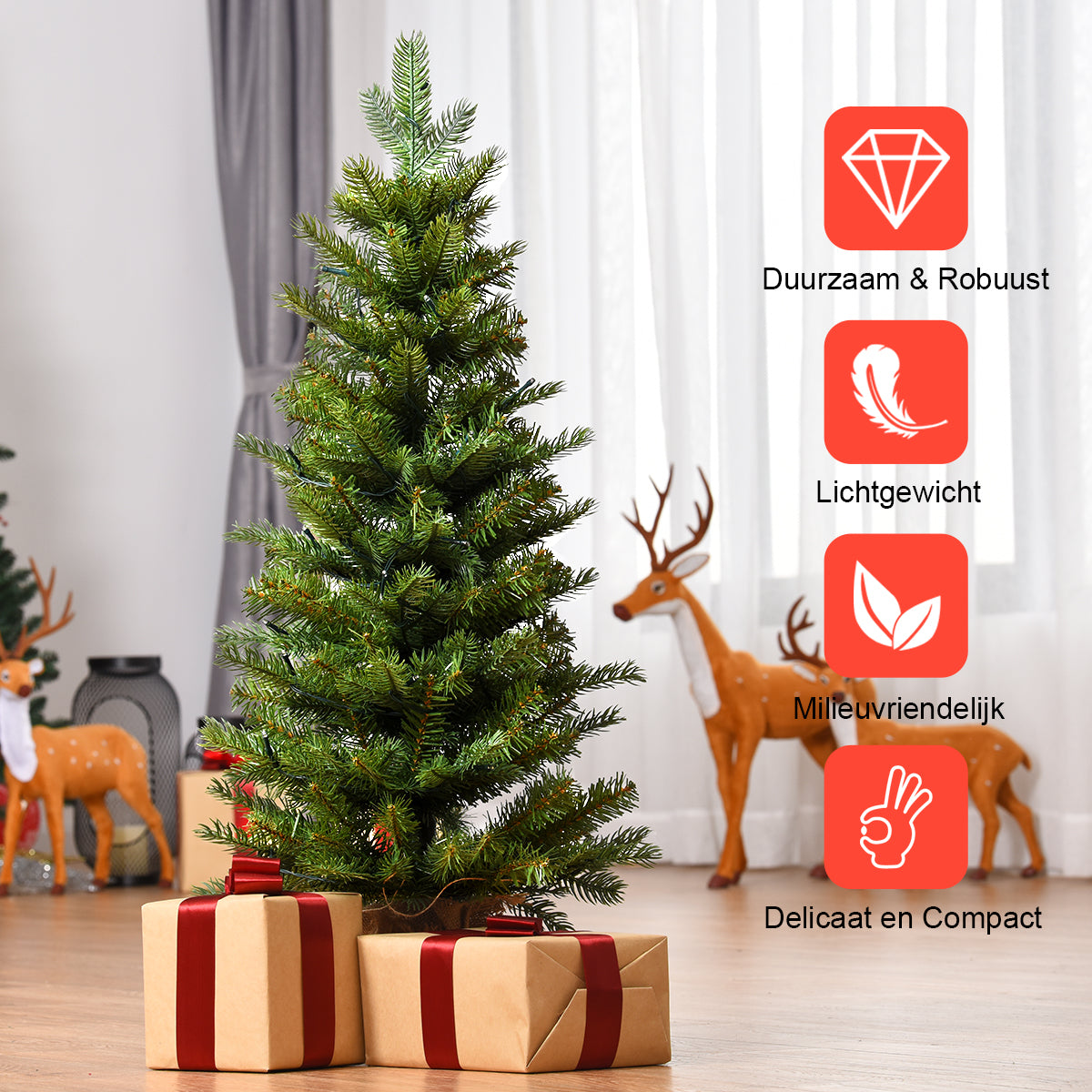 LIVSK Kunstkerstboom 90 cm - Natuurgetrouwe PVC en PE Bladeren - 50 LED-lampjes met Timer - Stabiele Basis - Groen