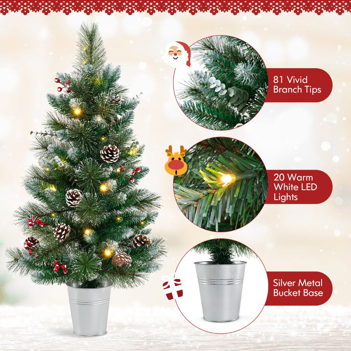 LIVSK Verlichte Kunstkerstboom met Bessen - Vooraf Versierd met 20 LED-lampen - 8 Verlichtingsmodi - 46 x 90 cm - Groen + Wit
