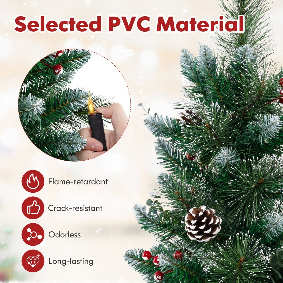 LIVSK Verlichte Kunstkerstboom met Bessen - Vooraf Versierd met 20 LED-lampen - 8 Verlichtingsmodi - 46 x 90 cm - Groen + Wit