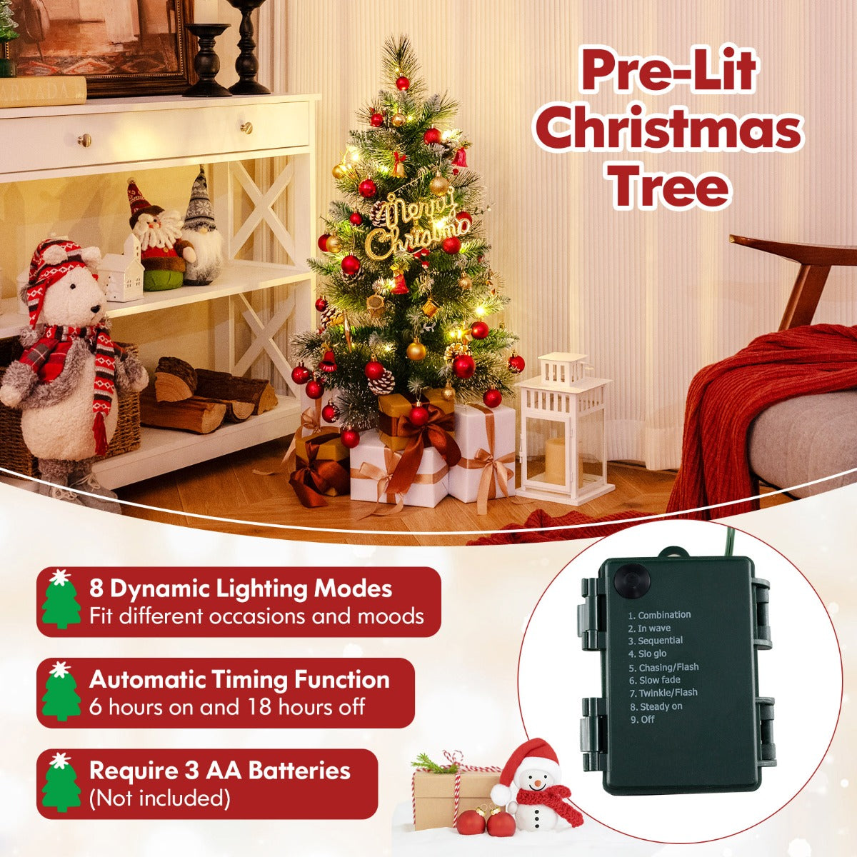 LIVSK Verlichte Kunstkerstboom met Bessen - Vooraf Versierd met 20 LED-lampen - 8 Verlichtingsmodi - 46 x 90 cm - Groen + Wit
