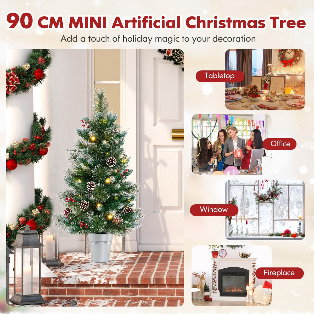 LIVSK Verlichte Kunstkerstboom met Bessen - Vooraf Versierd met 20 LED-lampen - 8 Verlichtingsmodi - 46 x 90 cm - Groen + Wit