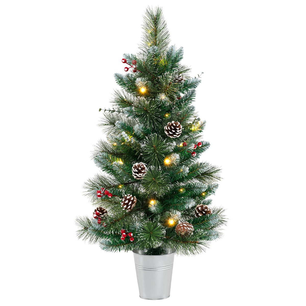 LIVSK Verlichte Kunstkerstboom met Bessen - Vooraf Versierd met 20 LED-lampen - 8 Verlichtingsmodi - 46 x 90 cm - Groen + Wit