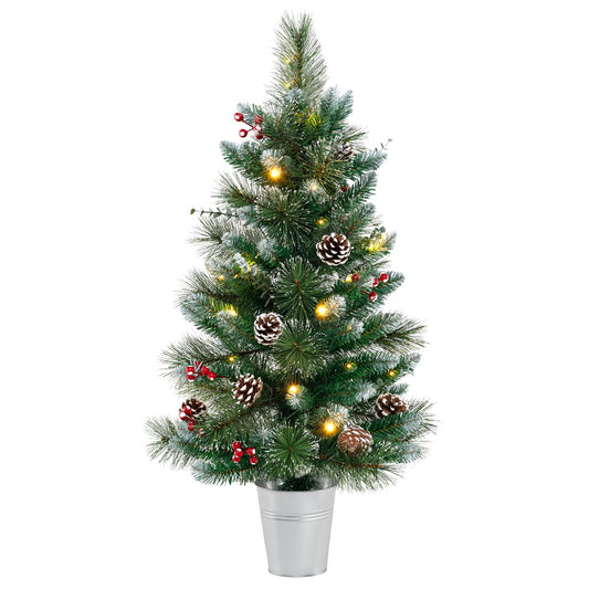 LIVSK Verlichte Kunstkerstboom met Bessen - Vooraf Versierd met 20 LED-lampen - 8 Verlichtingsmodi - 46 x 90 cm - Groen + Wit