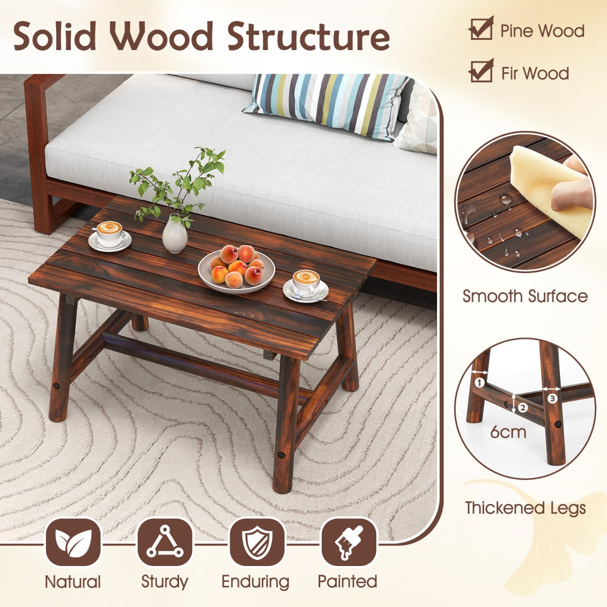 LIVSK Patio Salontafel van Massief Dennenhout - Elegant Design met Lattenbodem - Draagvermogen tot 125 kg - 90 x 55 x 50 cm -