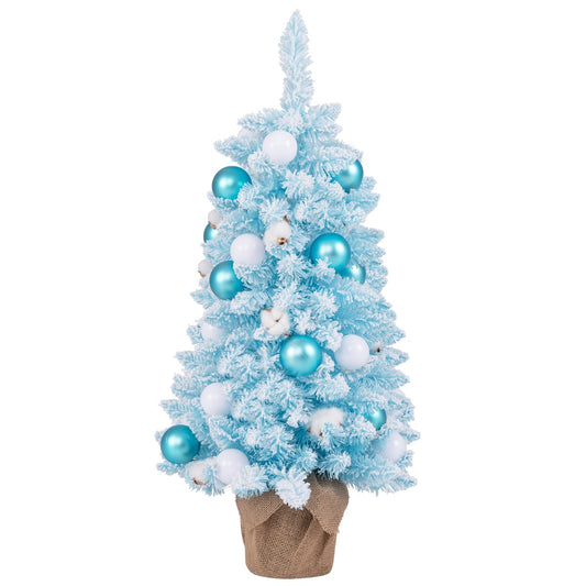 LIVSK Mini Kunstkerstboom - 12 Katoenen Kerstballen - 24 Decoratieve Ballen - Vlamvertragend - 44 x 90 cm - Roze/Blauw + Wit