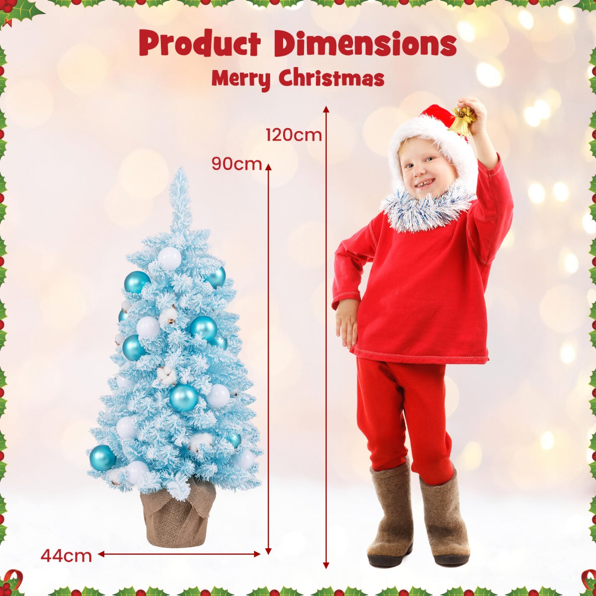 LIVSK Mini Kunstkerstboom - 12 Katoenen Kerstballen - 24 Decoratieve Ballen - Vlamvertragend - 44 x 90 cm - Roze/Blauw + Wit