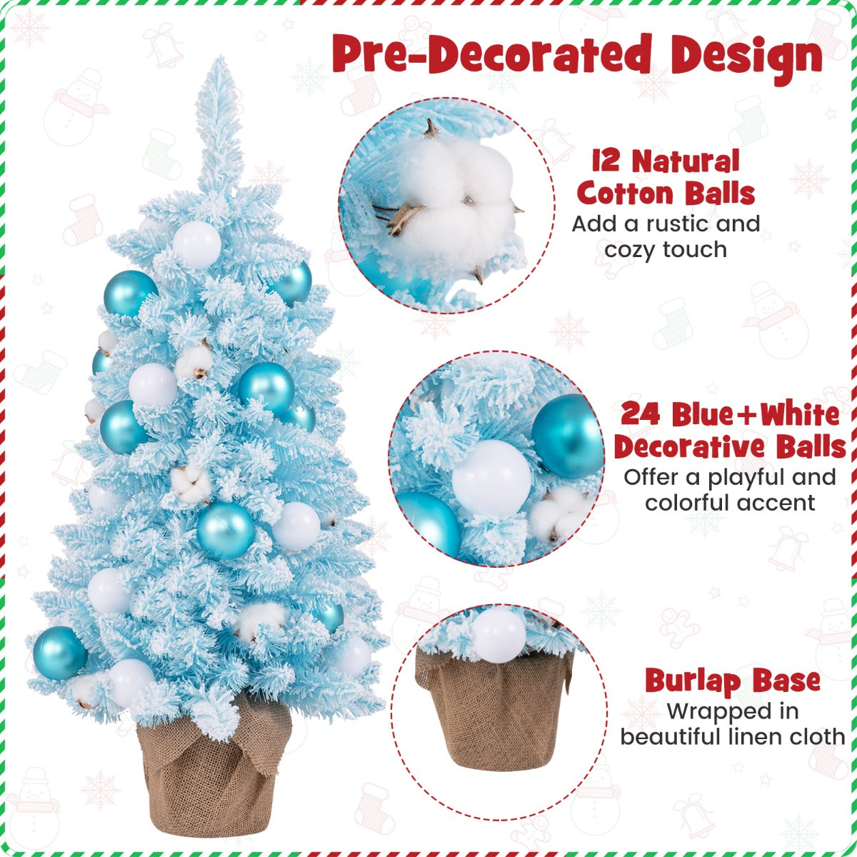 LIVSK Mini Kunstkerstboom - 12 Katoenen Kerstballen - 24 Decoratieve Ballen - Vlamvertragend - 44 x 90 cm - Roze/Blauw + Wit