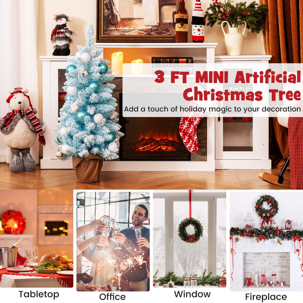 LIVSK Mini Kunstkerstboom - 12 Katoenen Kerstballen - 24 Decoratieve Ballen - Vlamvertragend - 44 x 90 cm - Roze/Blauw + Wit