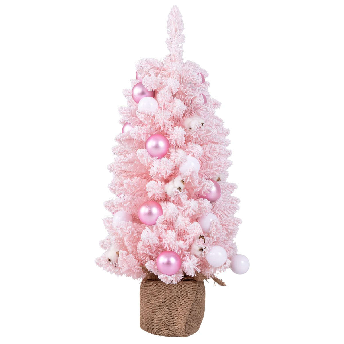 LIVSK Mini Kunstkerstboom 90 cm - Voorgedecoreerd met 12 Katoenen Kerstballen - Vlamvertragend - Cementen Voet - Roze